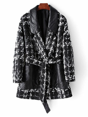 Airchics manteau en tweed simili cuir avec poches ceinture femme mode